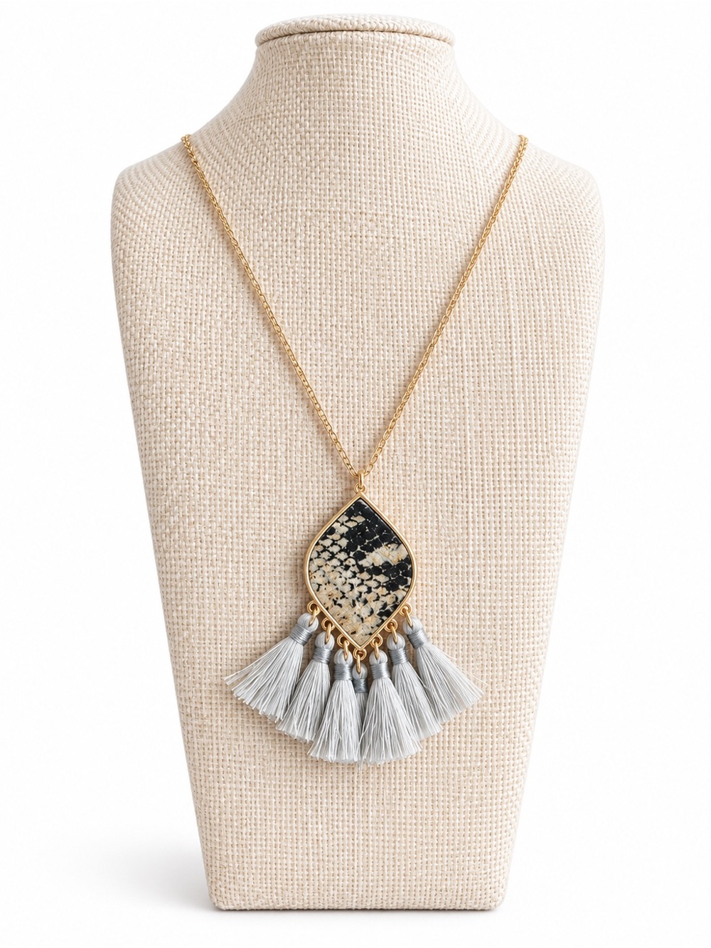 Clover Gold Tone Snakeskin Tassel Necklace Boho Statement Animal Print